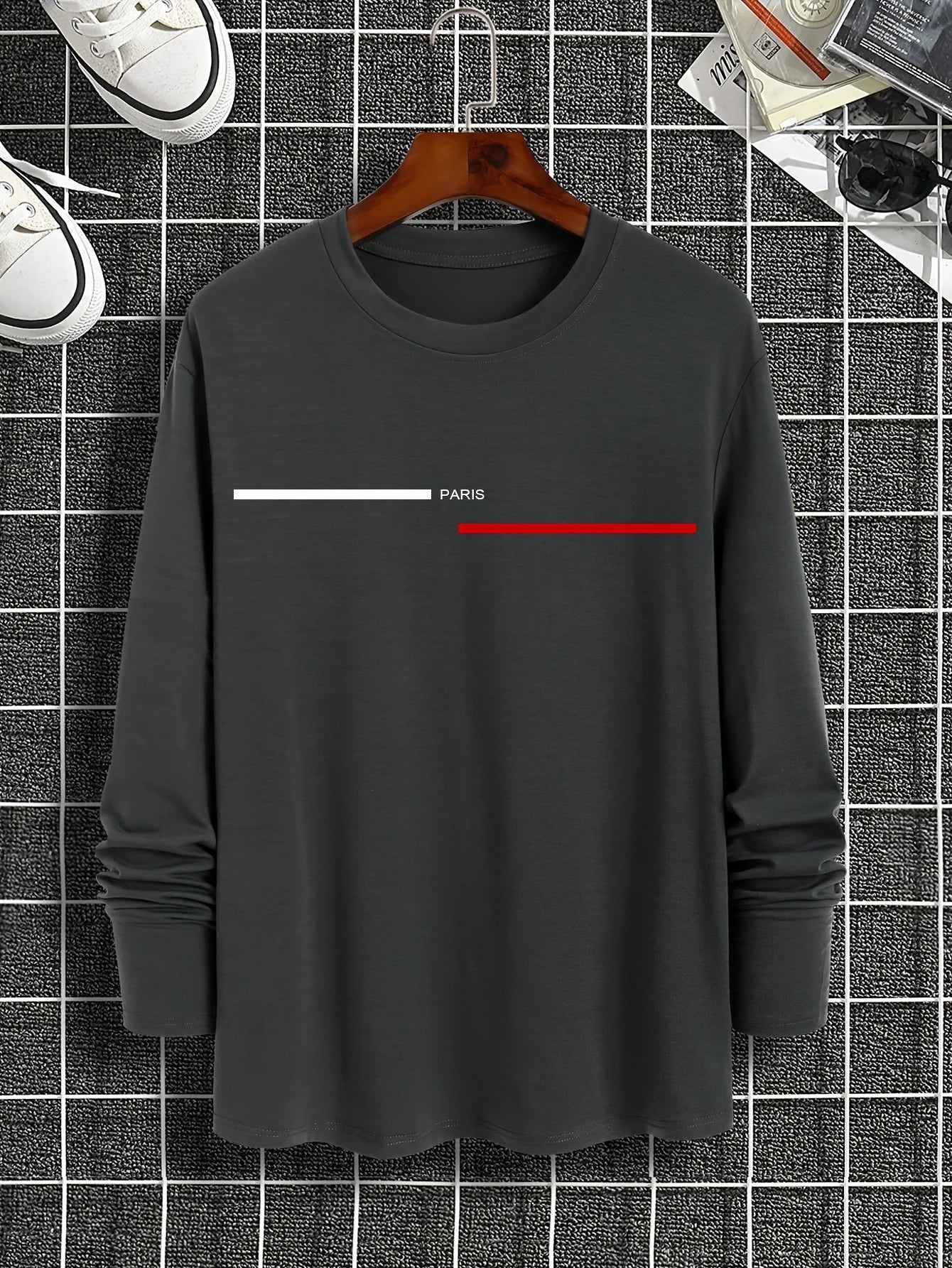 Men's 100% pure cotton loose fit plus size comfortable casual sports Paris letter printed round neck long sleeved T-shirt top