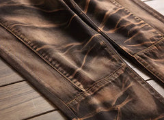 Jeans Men Vintage Distressed Pencil Pants Mid Waist Zipper Pockets Slim Ankle Length Trousers