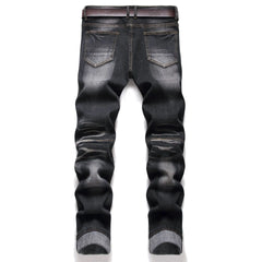Jeans Men Vintage Distressed Pencil Pants Mid Waist Zipper Pockets Slim Ankle Length Trousers