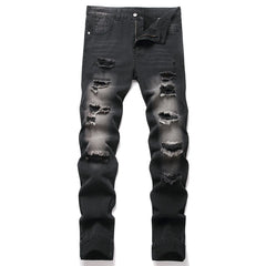 American Fashion Street Style Ripped Skinny Jeans  Street Riding Stretch Slim Fit Straight Pants Patchwork  Denim Trousers Male