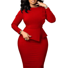 Women 2024 Autumn Pencil Dress Round Collar Full Sleeve Slim Vestidos Solid Tight Waist Temperament Office Lady Folds Dresses