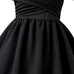 Kids Dress For Girls Black Solid Color Sling Short Sleeve Ruched Tiered Dress 8-12 Years Summer Frenchy Simple Style Elegant