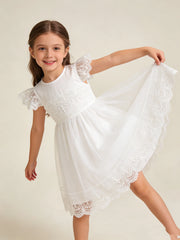 Summer Girls Sweet And Cute Flying Sleeves Solid Color Lace Princess Dress Fashionable Casual Dress
