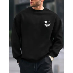 Men's autumn and winter warm casual loose fashionable classic smiling face pattern printed long sleeved round neck sweatshirt