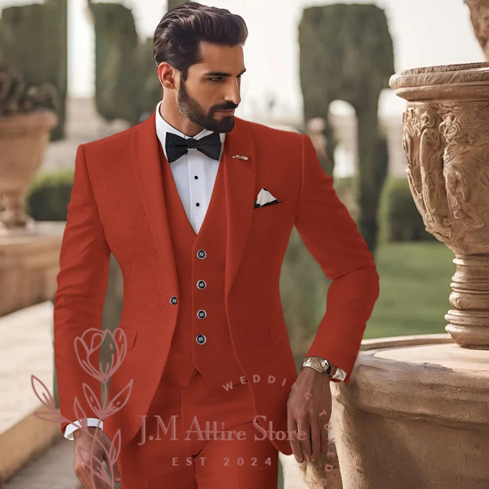 Men's White Jacquard Suit 3pcs Jacket Vest Pants Elegant Formal Fashion Set for Groom Wedding Prom Party Stylish Custom Tuxedo