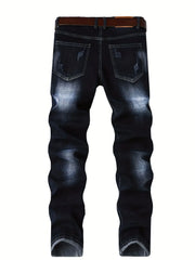 Motorcycle Trendy Straight Men's Jeans Elastic Washed Fashion Streetwear Denim Pants Embroidery Hip-Hop Trousers (Without Belt)