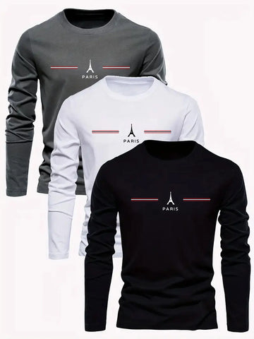 Men's 100% pure cotton loose fit plus size comfortable casual sports Paris letter printed round neck long sleeved T-shirt top