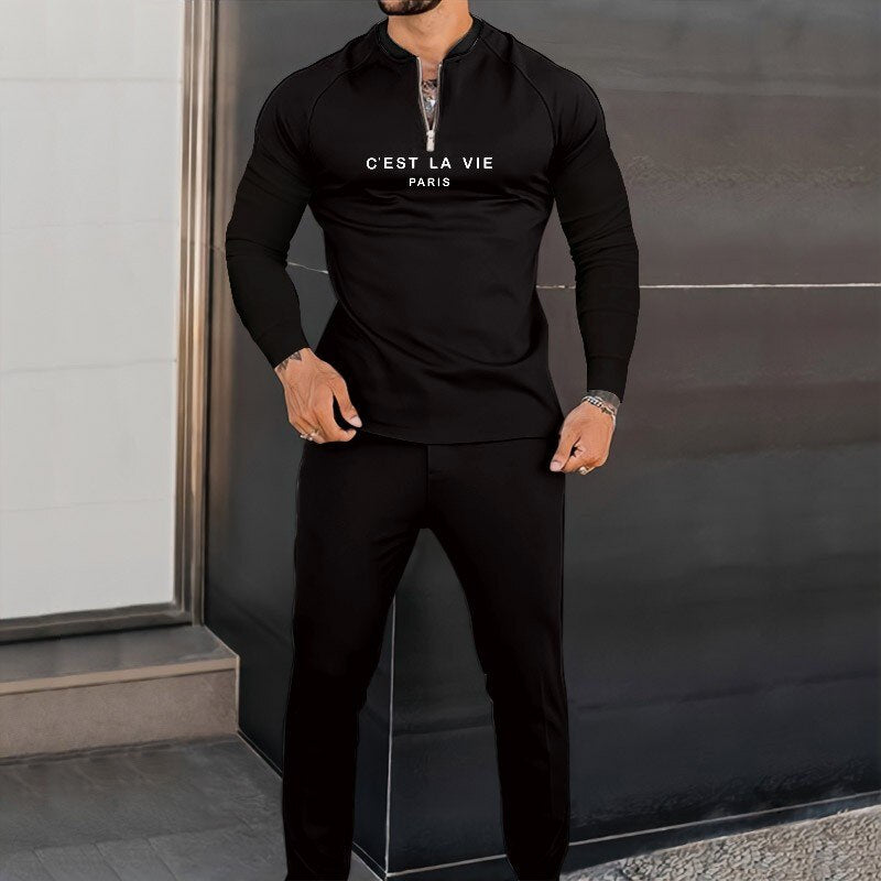 Spring Autumn Long Sleeve T Shirt+Pants Men 2 Piece Sets Men Tracksuit Printed Casual Eound Collar Zipper Sportwear Suit S-3XL