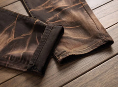 Jeans Men Vintage Distressed Pencil Pants Mid Waist Zipper Pockets Slim Ankle Length Trousers