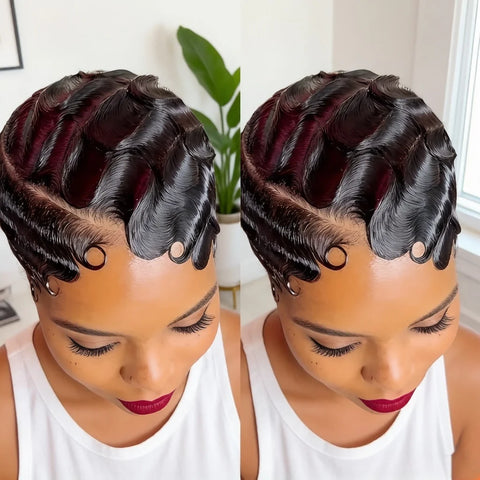 Women Short Black Bob Pixie Cut 13x4 Lace Front Human Hair Wig - 180% Density Finger Wave Texture Natural Look & Versatile Style