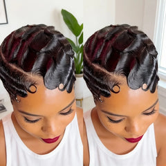Women Short Black Bob Pixie Cut 13x4 Lace Front Human Hair Wig - 180% Density Finger Wave Texture Natural Look & Versatile Style