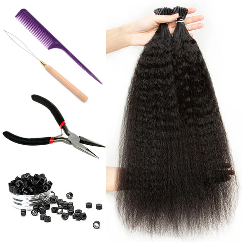 Kinky Straight Microlinks Hair Extensions Human Hair Natural Black Keratin I Tip Nano Ring Hair Extension Silicone Beads 50g/Set