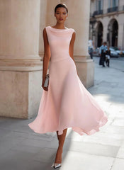 Elegant Sleeveless Cowl Neck Midi Dress with Pleated Waist and Flowing A Line Skirt for Formal Occasions