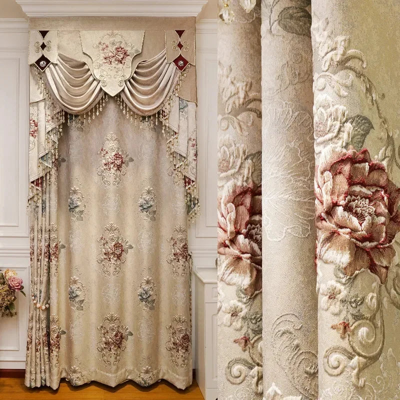 Custom New 3D Embossed Luxury Curtains for Living Dining Room Bedroom European Flower High-end Textured Noble Valance Tulle Cort