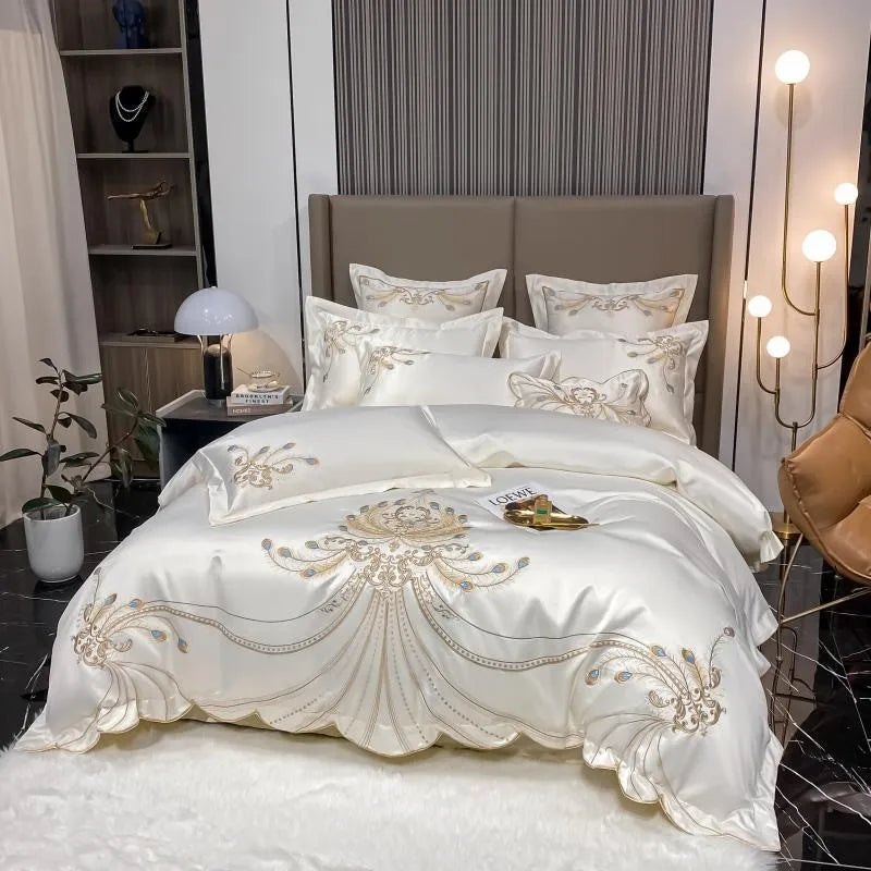 4/6Pcs White Gray Sateen Gold Embroide Luxury Satin Cotton onBedding