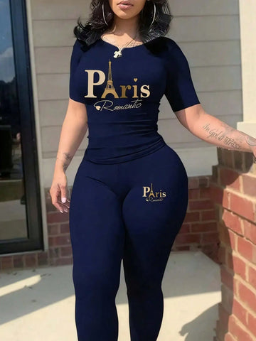 2026 Women's New Paris Printed Two-Piece Set, Casual Short-Sleeved Round Neck T-Shirt t
