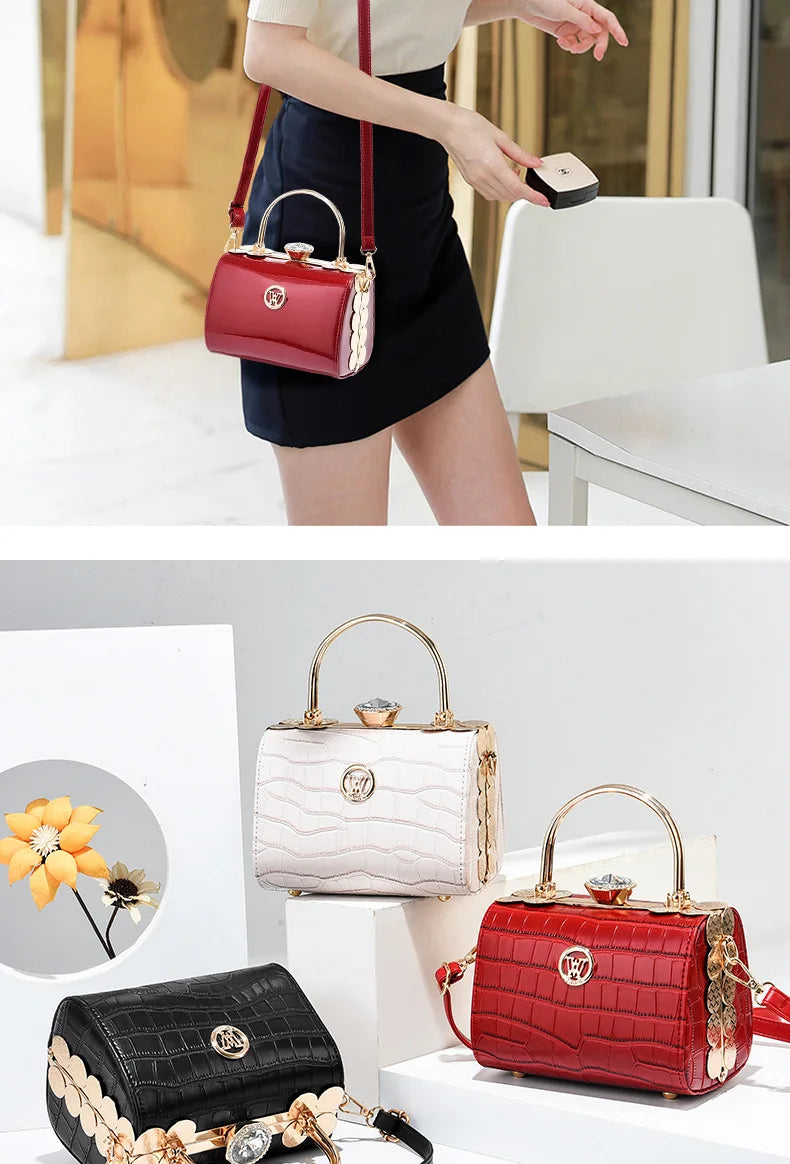 Fashion Women's Bright Leather Steel Armor Bag New Lacquer Leather Bride Handbag