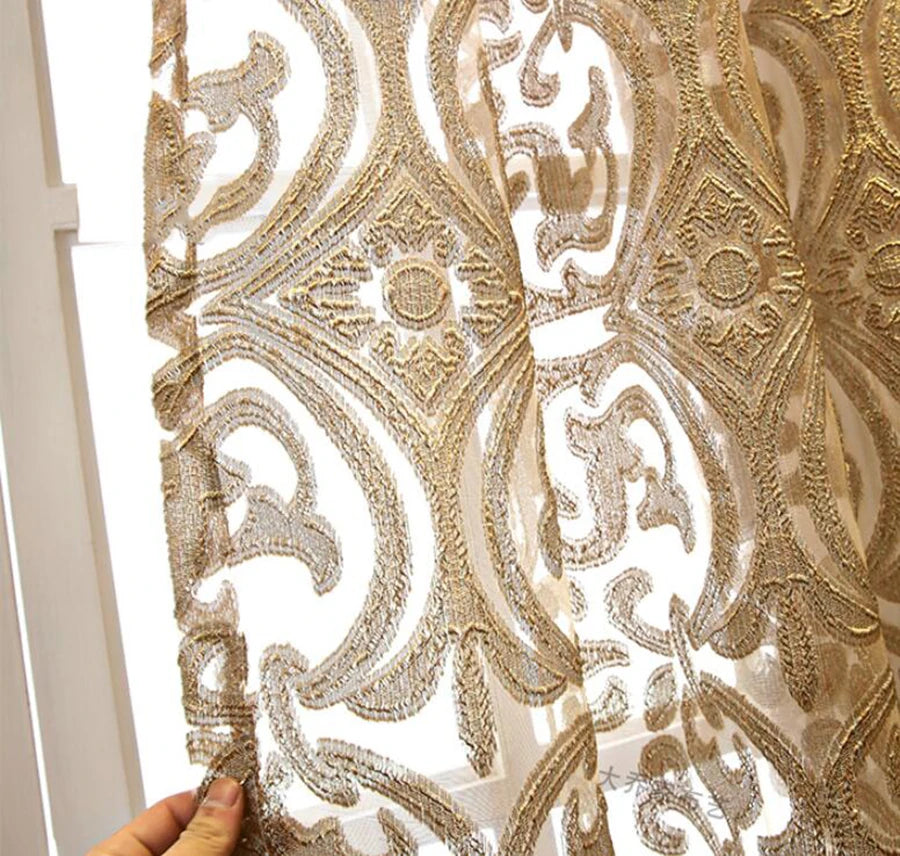 European Luxury Coffee with Golden Wire Jacquard Hollow Tulle Curtain for Living