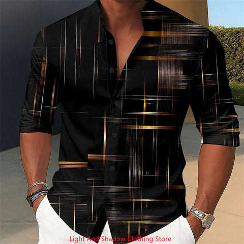 Men's gradient line shirt button up stand up collar shirt long sleeved casual outdoor vacation street daily 3D printed shirt