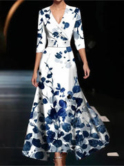 Fashionable V-neck Three-quarter Sleeve Dress For Women Spring Autumn New Elegant Waisted Floral Printing Casual Dresses Female