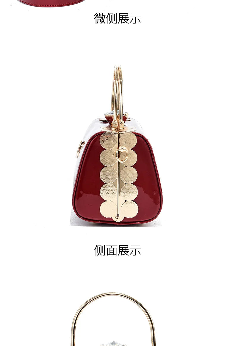Fashion Women's Bright Leather Steel Armor Bag New Lacquer Leather Bride Handbag