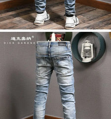 Men's Clothing Autumn and Winter Slim-fit Jeans Ripped Leggings Trendy Brand Cotton Handsome Trousers