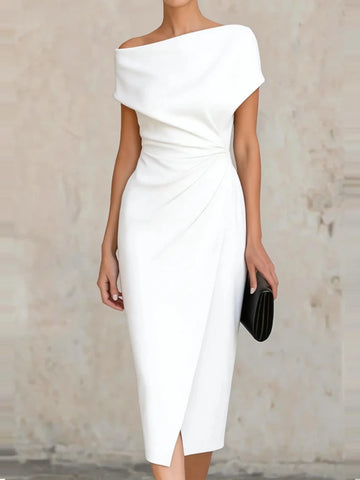 2026 Elegant One Shoulder Commute Midi Dress Summer Women Casual Hight Waist Solid Party Dress Fashion Draped Slim Skinny Dress