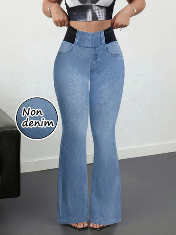 Women's Imitation Denim Flared Jeans, High Waist Stretchy Leggings Booty Lifting Casual Pants Trousers