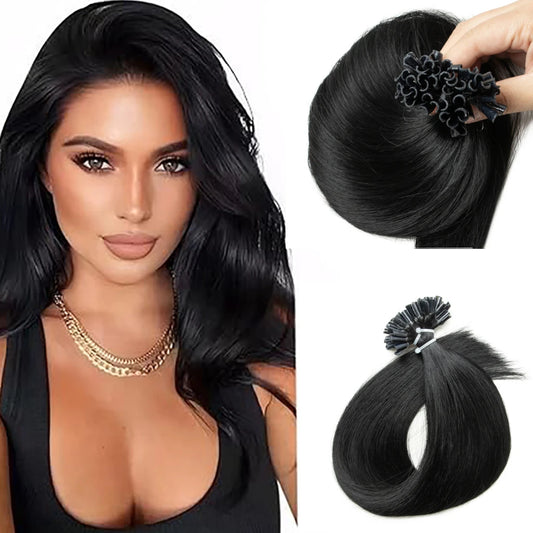 K Tip Hair Extensions Real Human Hair Black U tip Hair Extensions Human Hair Black Silky Straight for women 30g 50s 12-22inch