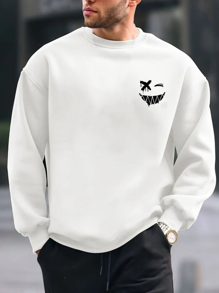 Men's autumn and winter warm casual loose fashionable classic smiling face pattern printed long sleeved round neck sweatshirt