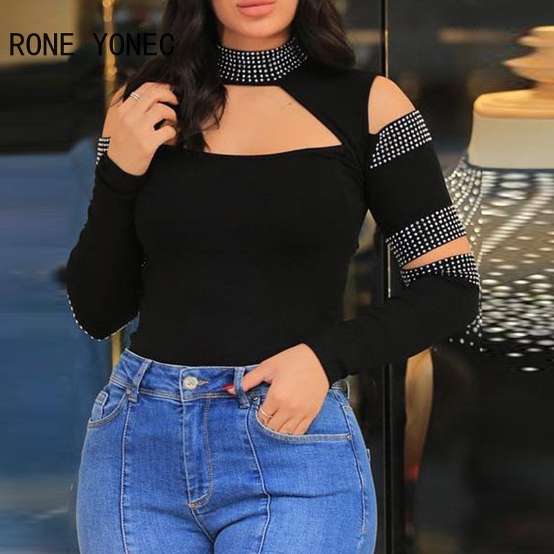 Women Casual Rhinestone Patchwork Hollow Out Long Sleeves Round Neck Sexy Black Basic Blouse Tops