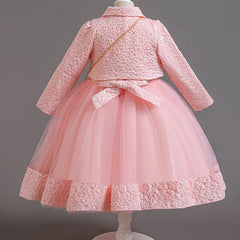 Spring Flower Girl Elegant Dresses for Wedding Girls’ Formal Dress with Bag 3 PC Set Long Sleeve