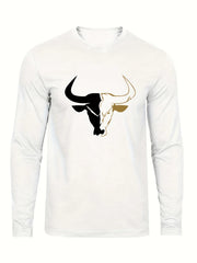 Men's 100% pure cotton loose fit plus size comfortable casual sports bull pattern printed round neck long sleeved T-shirt top