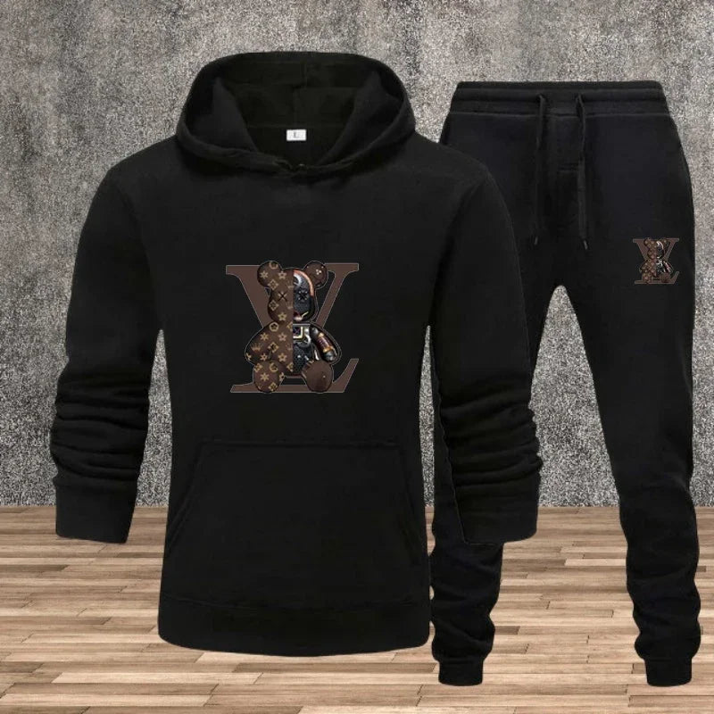 Men's hooded pullover + sweatpants fitness set for autumn and winter, casual jogging two-piece set