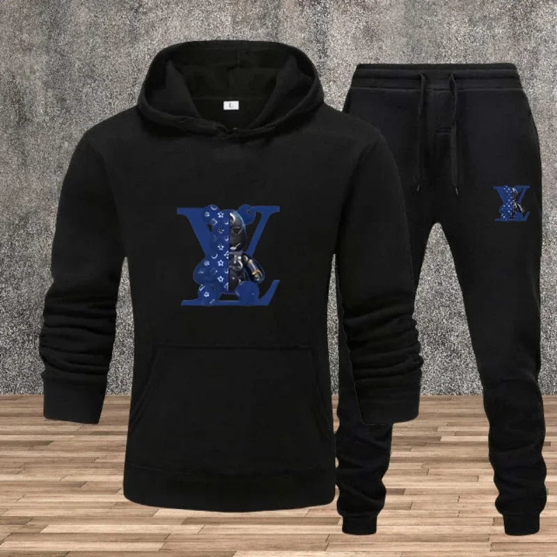 Men's hooded pullover + sweatpants fitness set for autumn and winter, casual jogging two-piece set