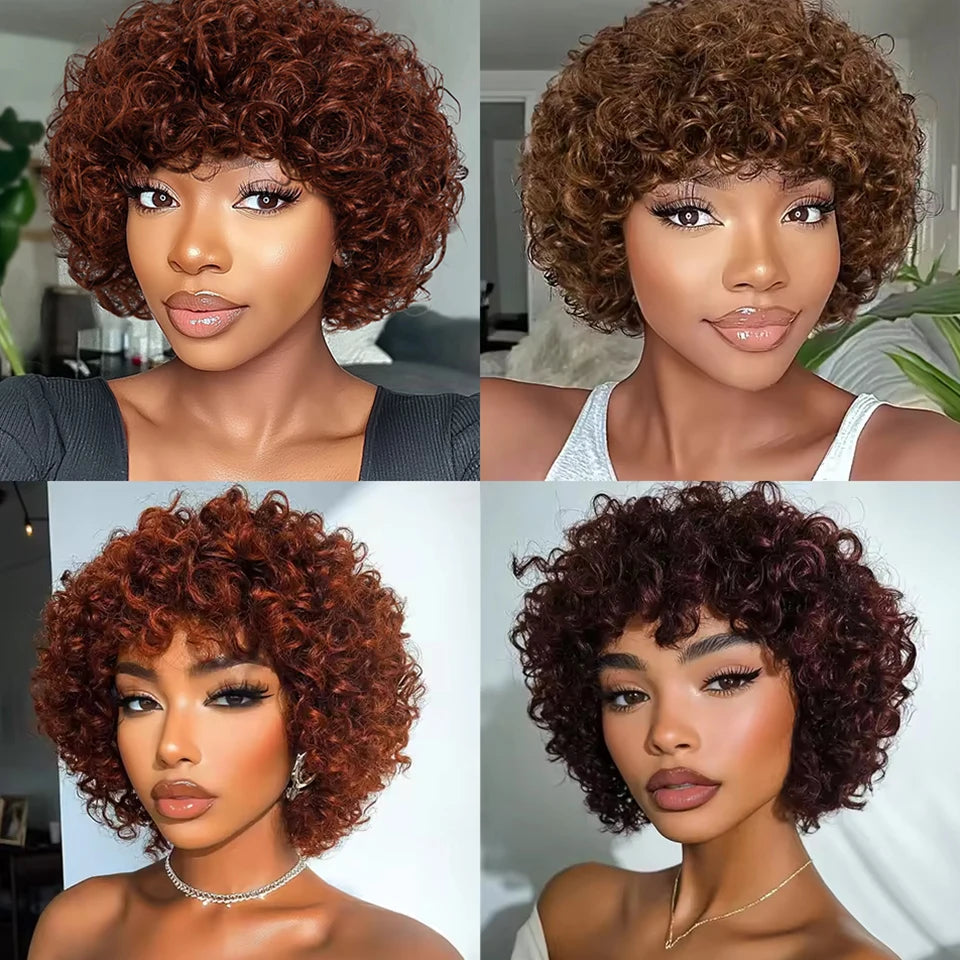 Debut Short Pixie Afro Kinky Curly Wigs for Black Women Glueless Natural Brown Bob Wig With Bangs Brazilian Human Hair Wigs