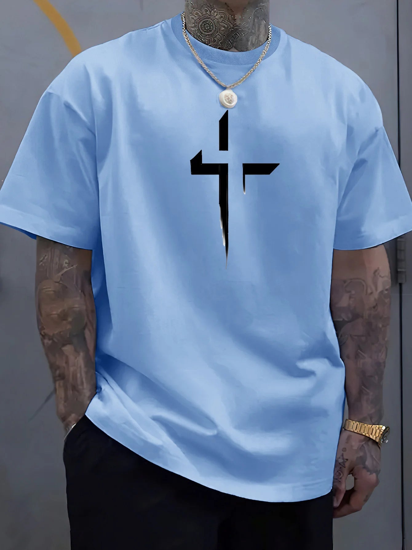 Summer men's 100% pure cotton casual loose plus size Cross Creative printed sports