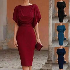 Women's Short Sleeve Midi Dress Cowl Neck Draped Cape Top Bodycon Skirt Elegant Party Evening