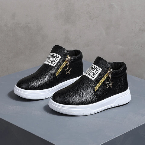 COMFY KIDS Kids' Black Lychee Pattern Faux Leather High-Top Sneakers, Side Zipper with Star Charm, Soft Elastic Rubber Sole Ligh