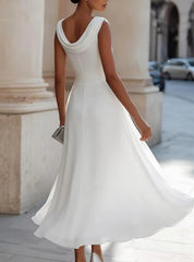 Elegant Sleeveless Cowl Neck Midi Dress with Pleated Waist and Flowing A Line Skirt for Formal Occasions
