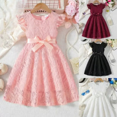 Charming Kids Piano Dress – Lace Solid Color with Belt, Elegant Wedding Performance Dress for Girls 3-10 Years