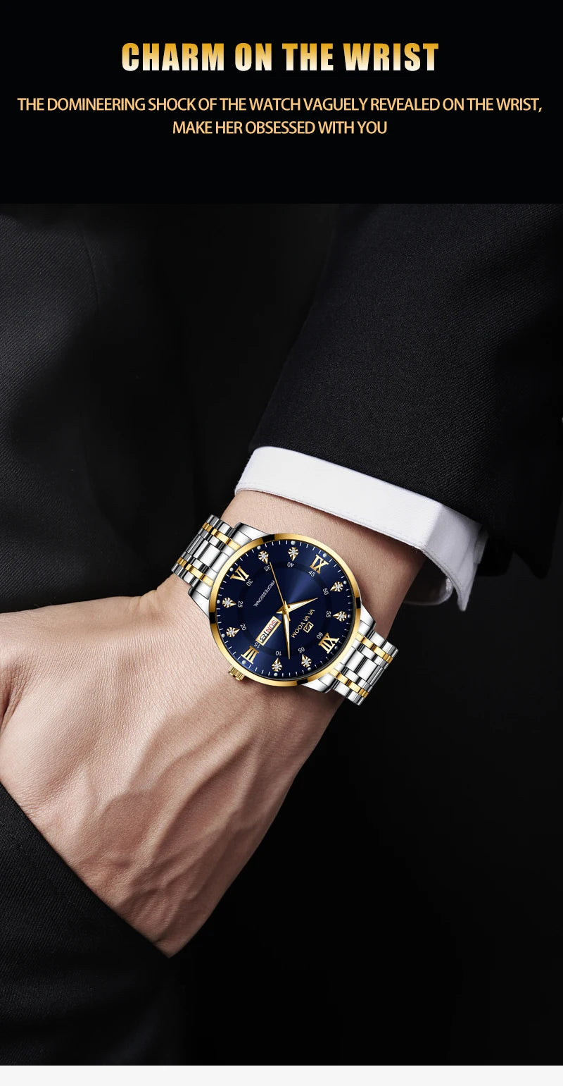 Top Brand Men Watch Stainless Steel Top Quailty Luxury Push Button Hidden Clasp Waterproof Luminous Date Week Sport Wrist Watch