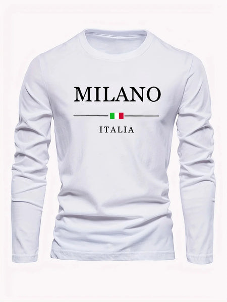 Men's 100% pure cotton comfortable casual loose oversized MALINO ITALIA printed sports round neck long sleeved T-shirt top