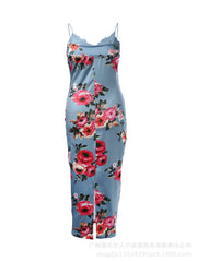 Print Sleeveless Sling Dress Women Party Night Prom Long Dresses Slim Fit Lace Spliced Streetwear Elegant Sexy Vestidos