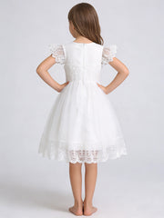 Summer Girls Sweet And Cute Flying Sleeves Solid Color Lace Princess Dress Fashionable Casual Dress