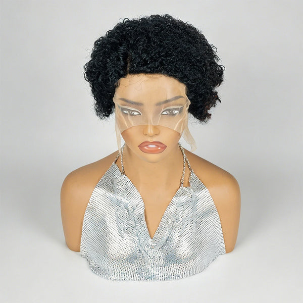 Natural Black Short Tight Kinky Curly Lace Front Pixie Cut Human Hair Wig Lightweight Solid Black Small Curl Short Lace Front Pixie Wig13x4x1 Lace Front Full Machine Made For Office Routine Dating & Various Formal Gatherings