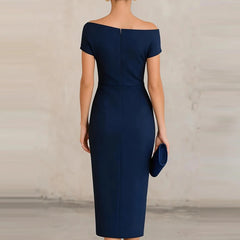 2026 Elegant One Shoulder Commute Midi Dress Summer Women Casual Hight Waist Solid Party Dress Fashion Draped Slim Skinny Dress