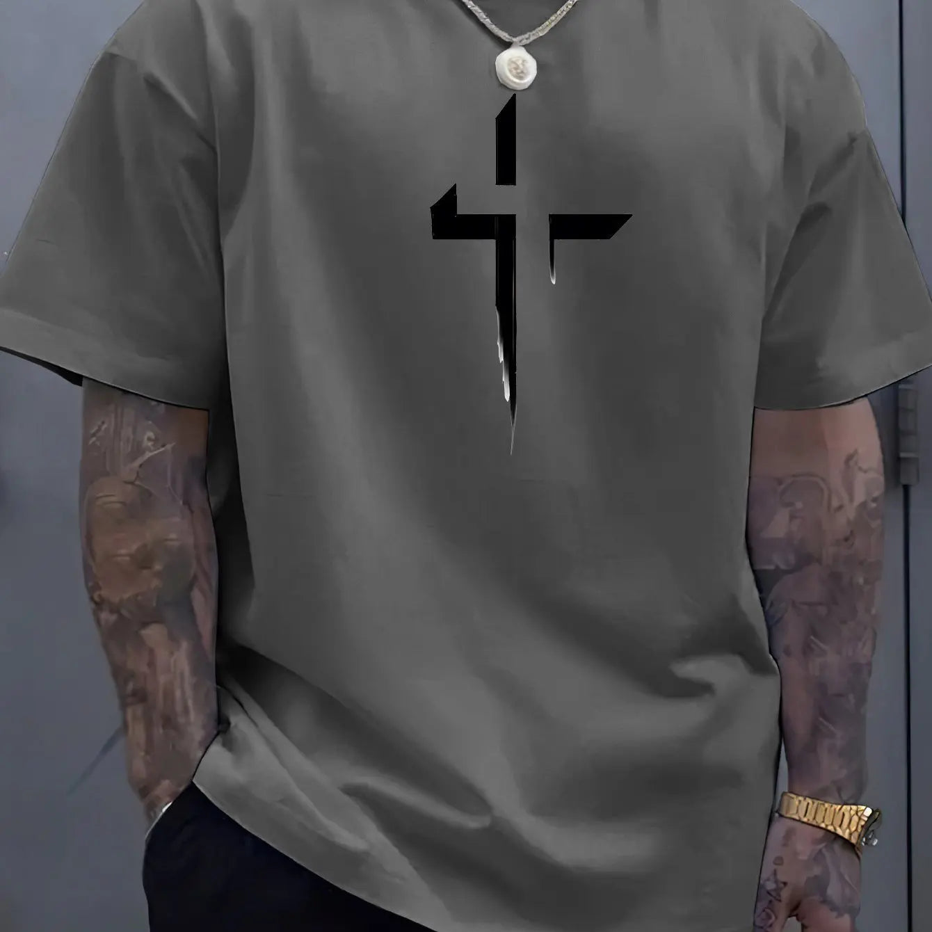 Summer men's 100% pure cotton casual loose plus size Cross Creative printed sports