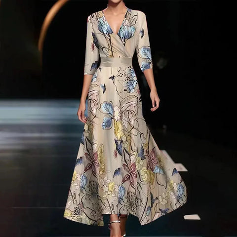 Fashionable V-neck Three-quarter Sleeve Dress For Women Spring Autumn New Elegant Waisted Floral Printing Casual Dresses Female