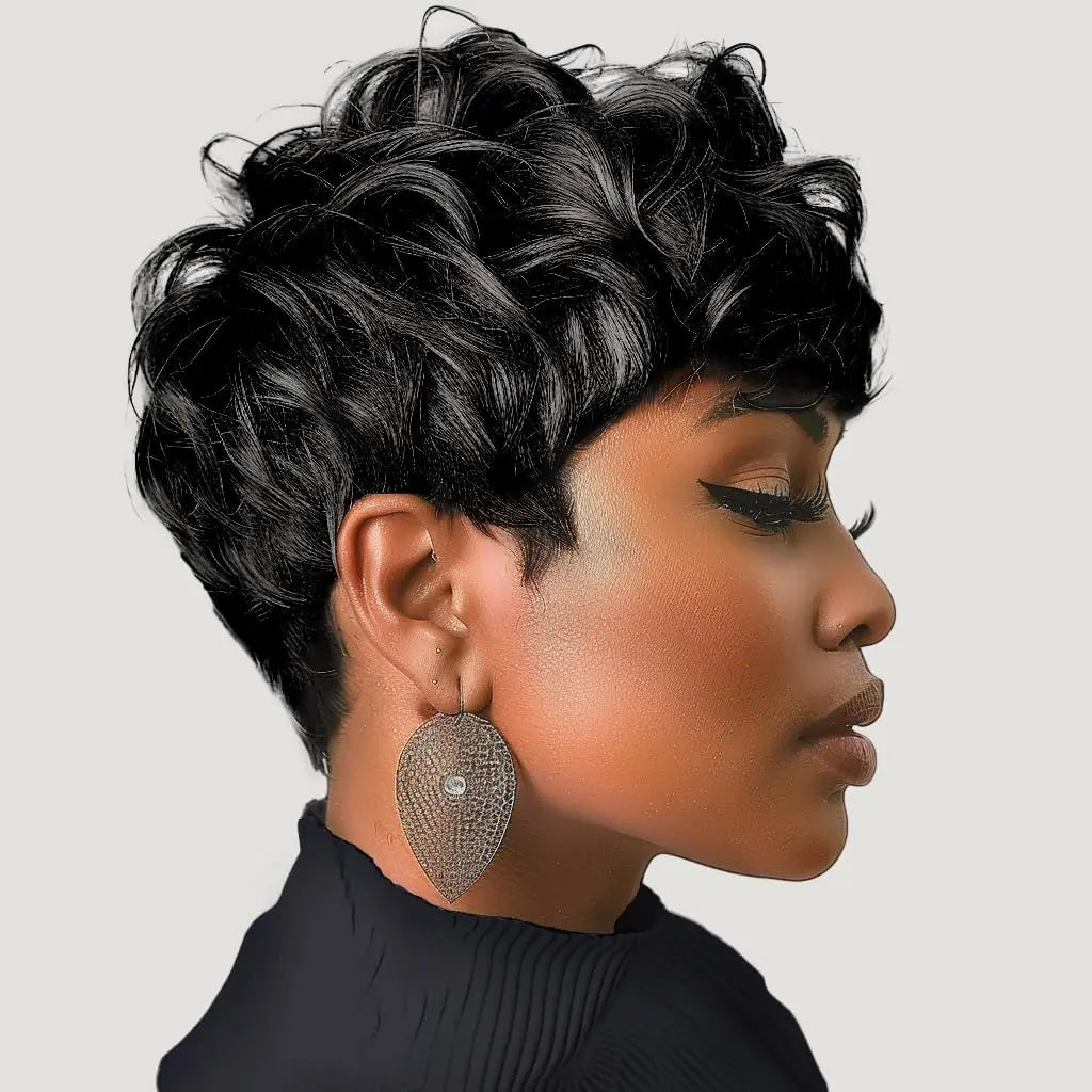 Black women's short elf wig with bangs, layered style, curly synthetic short hair wig, women's short curly wig